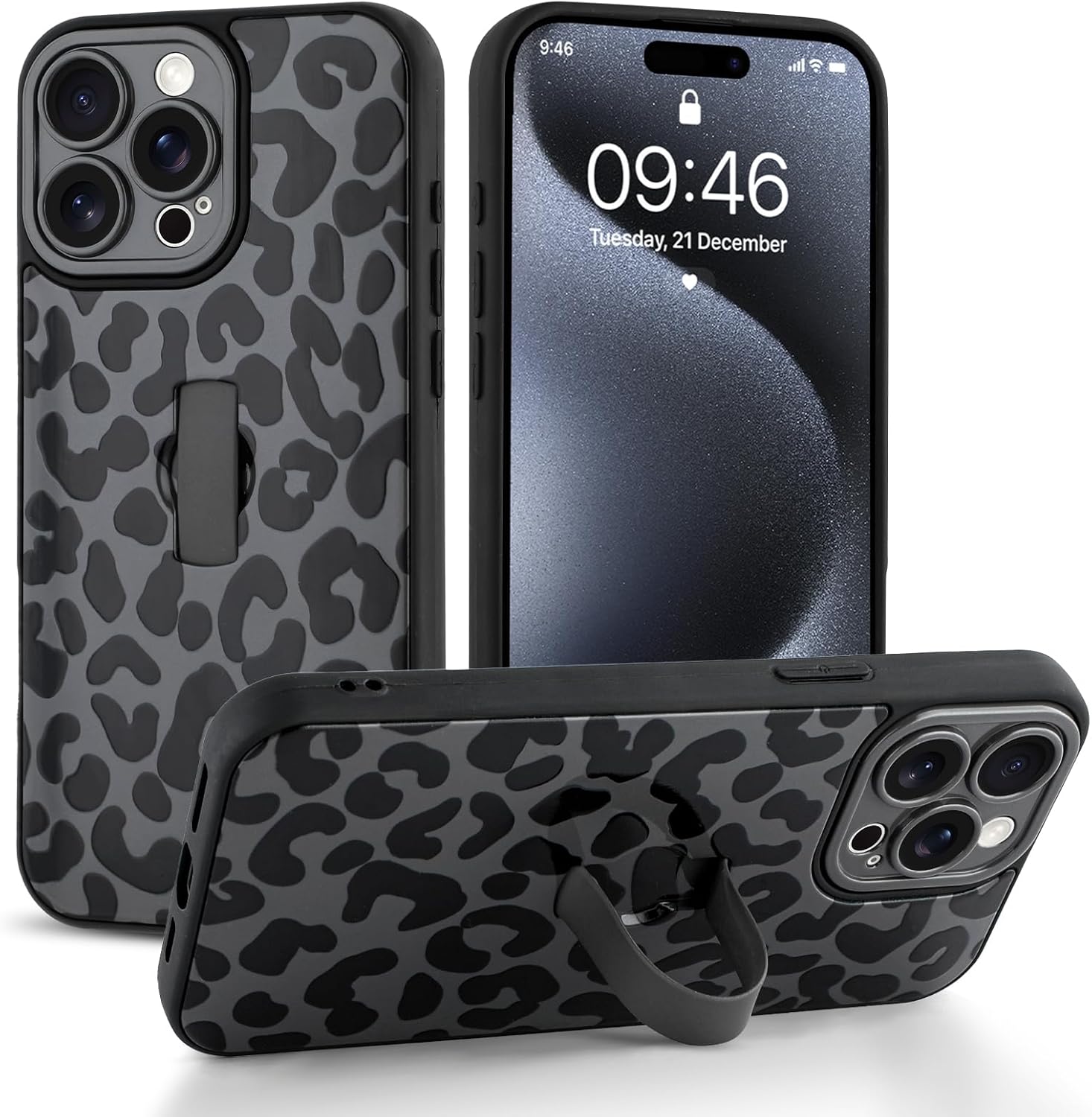 Compatible with iPhone 15 Pro Case with Finger Hand Strap Kickstand, Trendy Cool Leopard Cheetah Print Phone Case for Women Men, Full Camera Protection Shockproof Protective Cover, Black