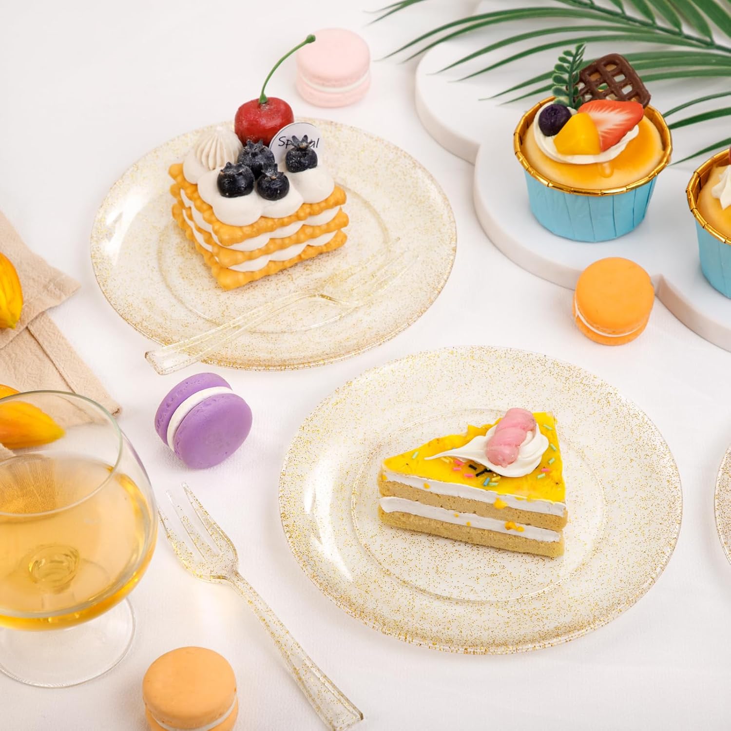 Festiva 200Pcs Gold Glitter Dessert Plates 6.3" with Forks 5"-Small Plastic Dessert/Cake/Appetizer Plates Disposable for 100 Guests Easter Party &Wedding& Birthday&New Year - Image 6