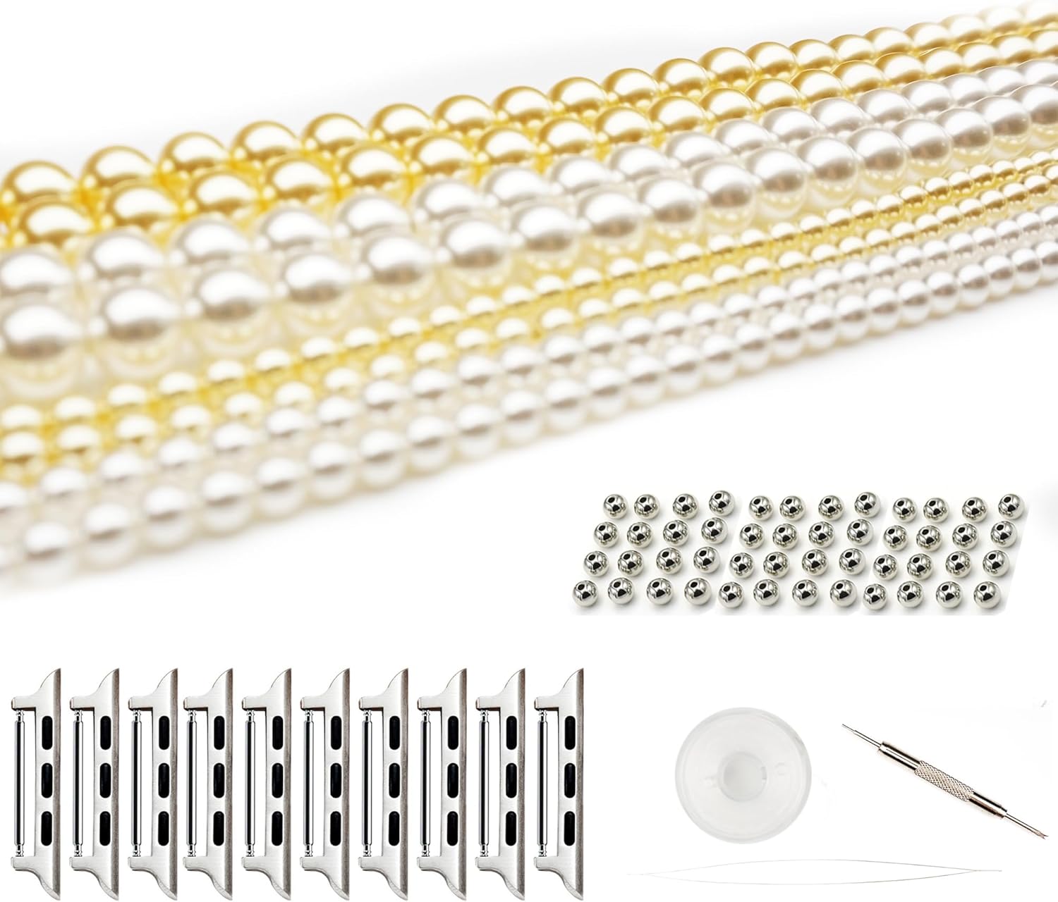 DIY Beaded Apple Watch Band Kit, Bling 60-inch Imitation Pearl Charm Bracelet, 5 Connectors, White and Gold (42mm(Series 10)/41mm/40mm)