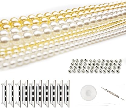 DIY Beaded Apple Watch Band Kit, Bling 60-inch Imitation Pearl Charm Bracelet, 5 Connectors, White and Gold 46mmSeries 10/49mm/45mm/44mm
