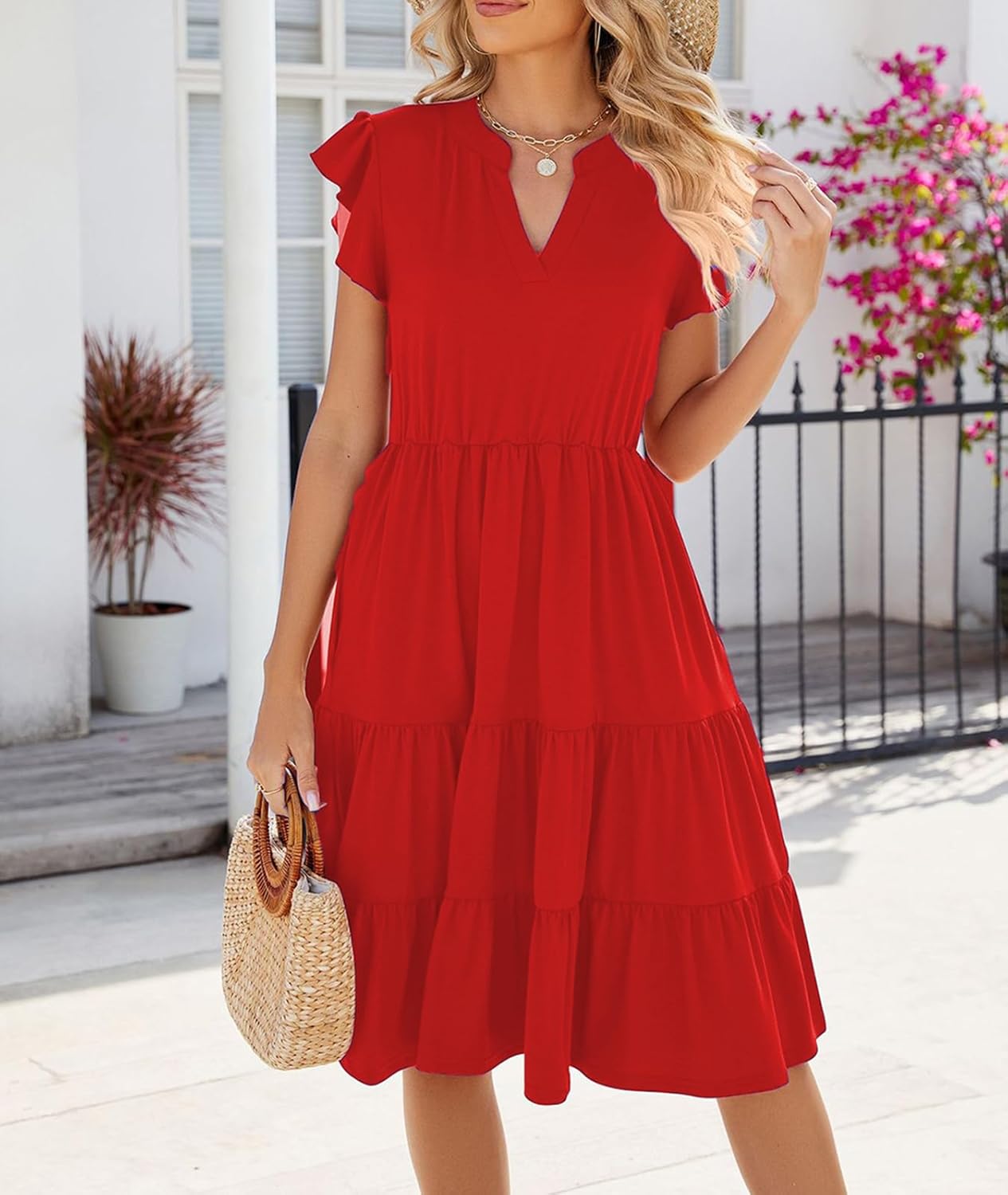 Womens Summer Dress Ruffle Sleeve V Neck Midi Dresses Casual Fit Flowy Tiered Boho Beach Vacation Sundress - Image 2