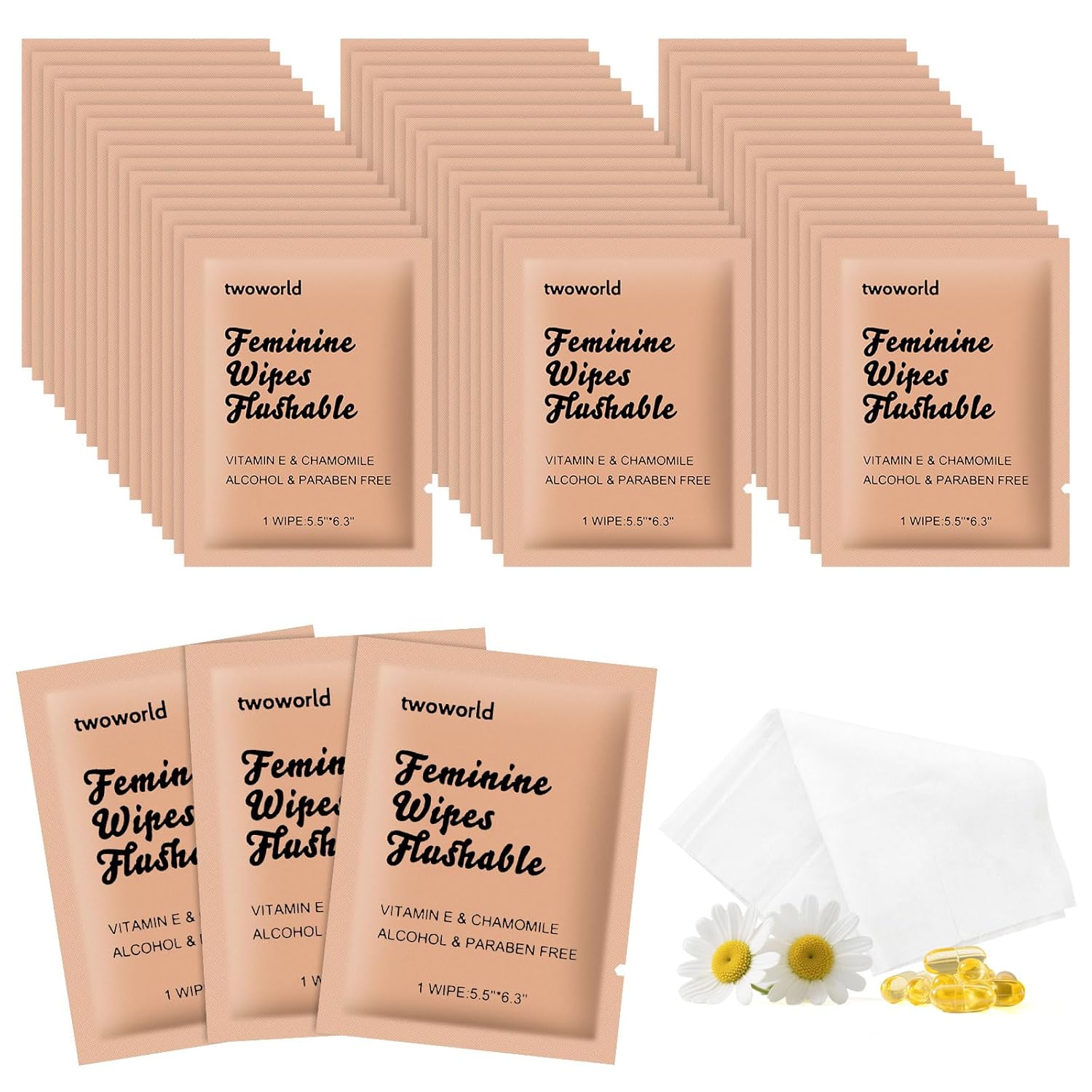 Feminine Wipes Individually Wrapped, Flushable Wipes Travel,Feminine Care Vaginal Wipes for Adult,Women, Girl and Homeless (Pack of 50,Chamomile)