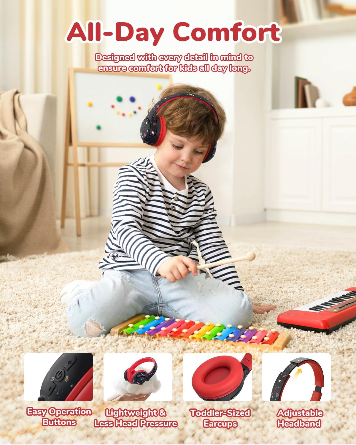 iClever BTH27 Toddler Headphones for 2+ Year Old-CPC Certified, 75/80dBA Safe Volume Limited, 74H Playtime, Bluetooth 5.4, BPA Free, Kids Bluetooth Headphones Aux Cord for Travel iPad, Black