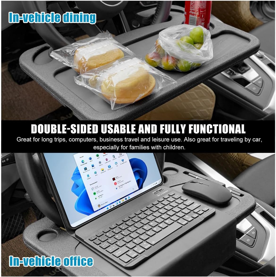 Car Steering Wheel Desk, Multifunctional Auto Seat Stand Trays for Eating and Working, Double Sided Design Steering Wheel Table Desk for Laptop, Food, Car Accessories (Black)