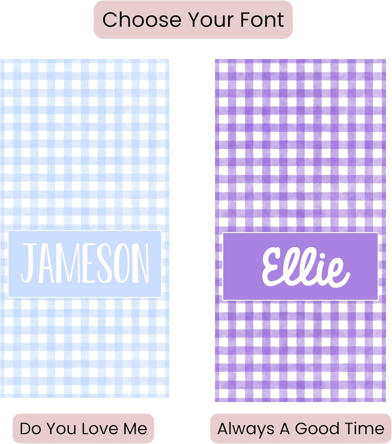 Girls Love A Monogram Personalized Pink Blue Gingham Beach Towels for Adults, Monogrammed SwimmingTowels, Custom Pink Blue Beach Towels (Gingham 24, Adult)