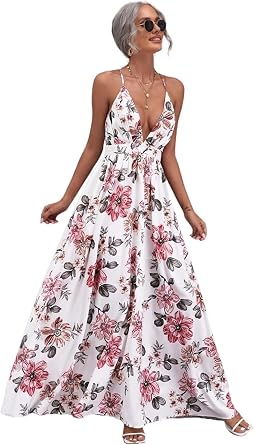 LTLCLZ Womens Dresses Womens Dresses Floral Plunging Neck Crisscross  Backless Maxi Cami Dress : Amazon.co.uk: Fashion