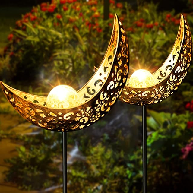 XRR Solar Lights Garden 2 Pack Solar Metal Moon Lights with Crackle Glass Ball - Waterproof Solar Pathway Lights Landscape Lighting Perfect for Outside,Patio,Yard,Christmas Decorations