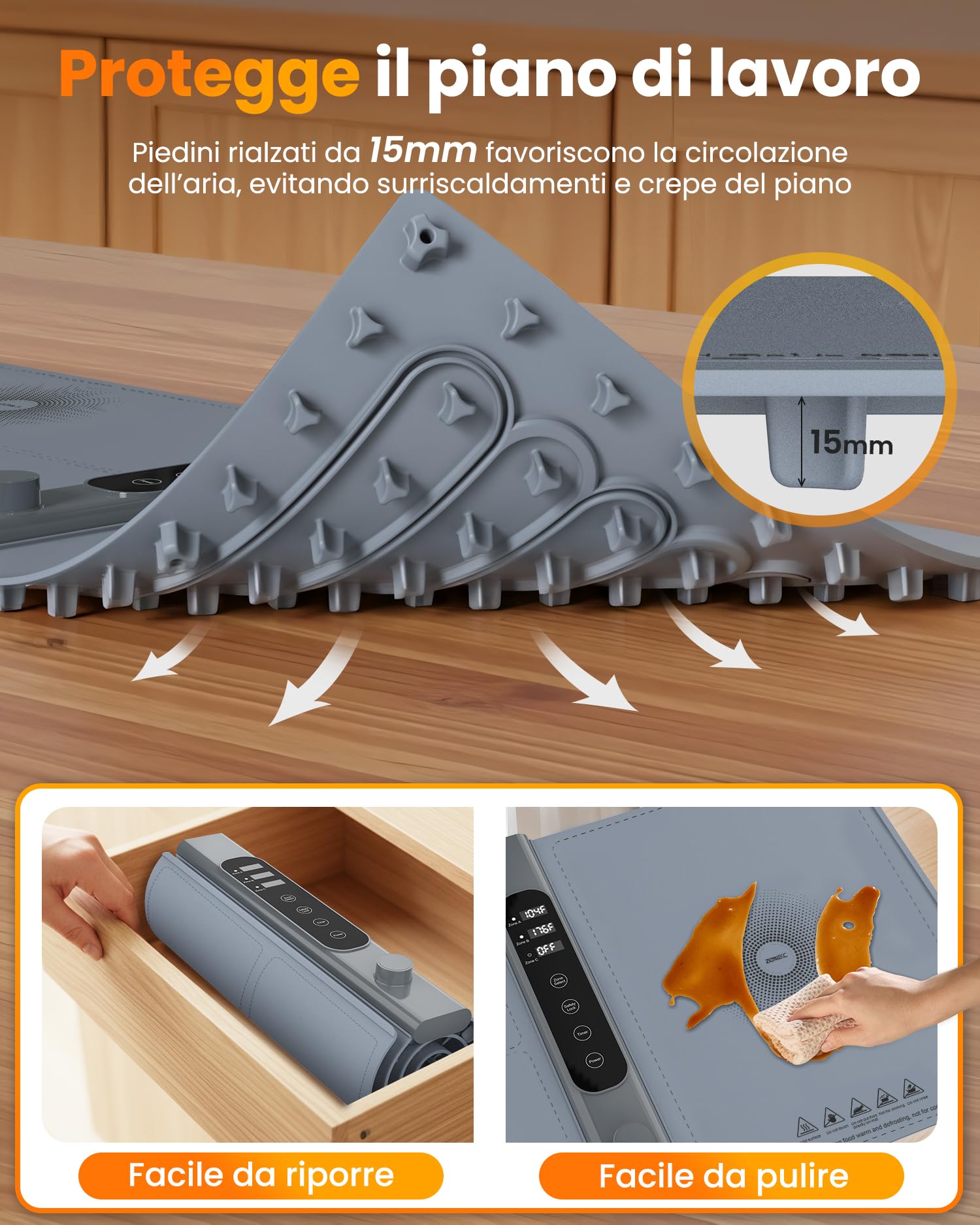 Vassoio Riscaldante Elettrico a 3 Zone Indipendenti 101×43 cm, Vassoio Riscaldante Pieghevole con 17 Livelli di Temperatura Precisi e Timer 1–6H, Tappetino Riscaldante in Silicone per Buffet e Feste