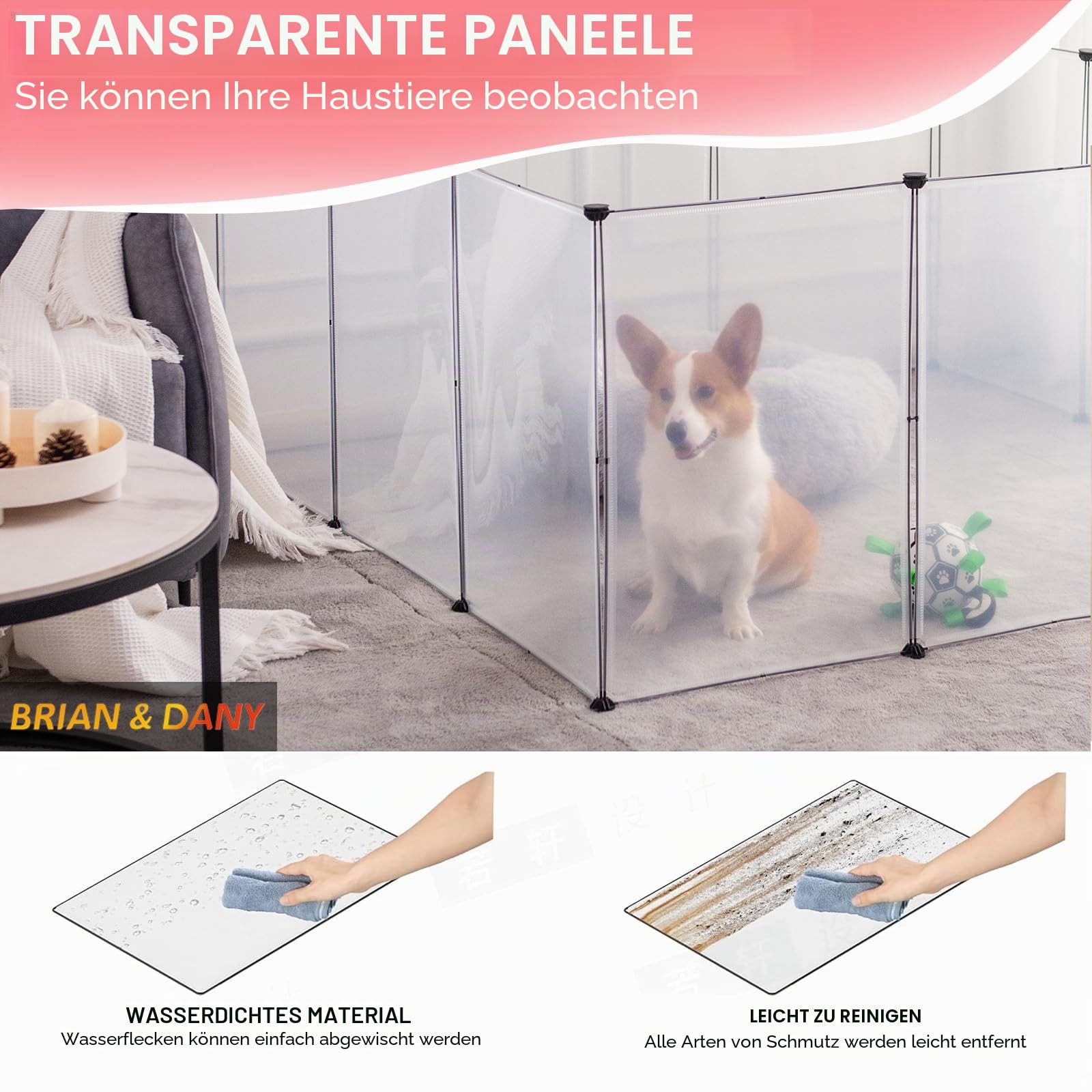 BRIAN & DANY Kleintiergehege, Laufstall Kleintiere Gehege für Kleintiere, Freigehege für Kaninchen, Welpe, Meerschweinchen - 12 Platten 180 x 90 x 75 cm