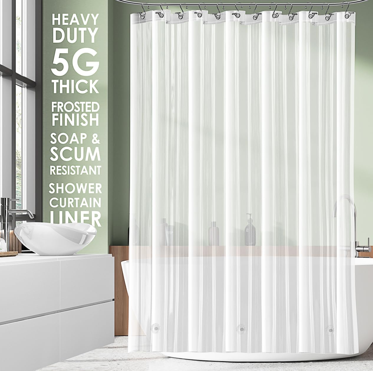 Clara Clark Shower Curtain Liner - Lightweight Vinyl PEVA, 72x72 Frosted, Waterproof Plastic With 3 Magnets, 5G Premium for Bathroom