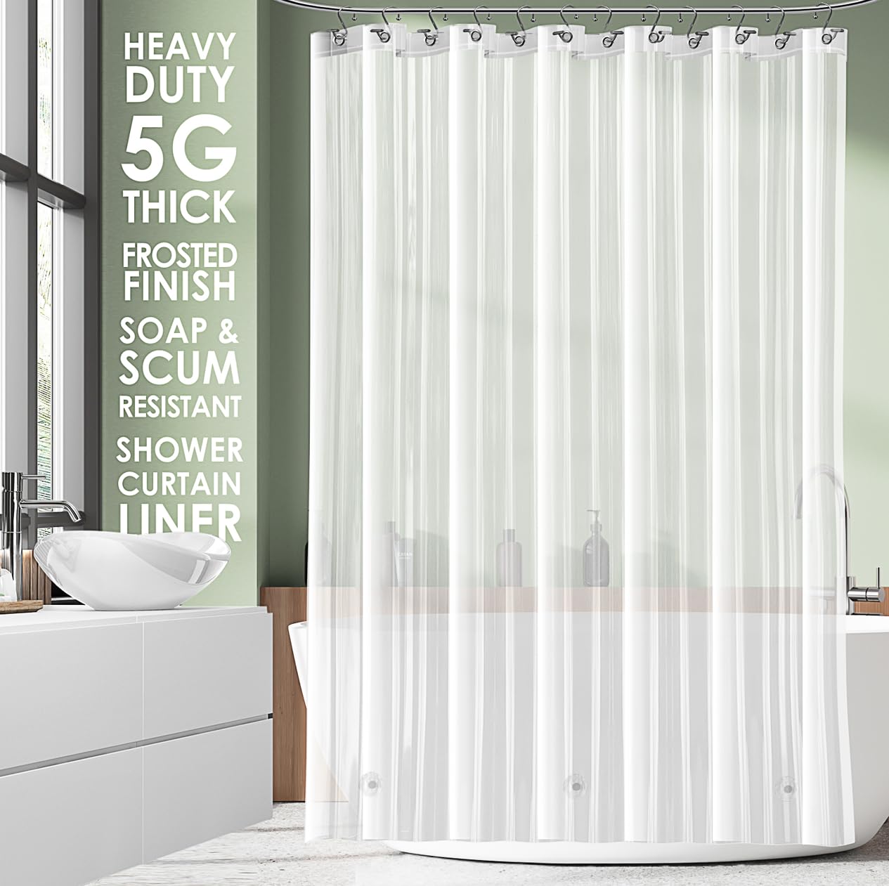 Clara Clark Shower Curtain Liner - Waterproof Lightweight Shower Liner with 3 Magnets, 5G Premium PEVA Bathroom Shower Curtain (Frosted, 180 x 180 cm - 71 x 71 Inch)