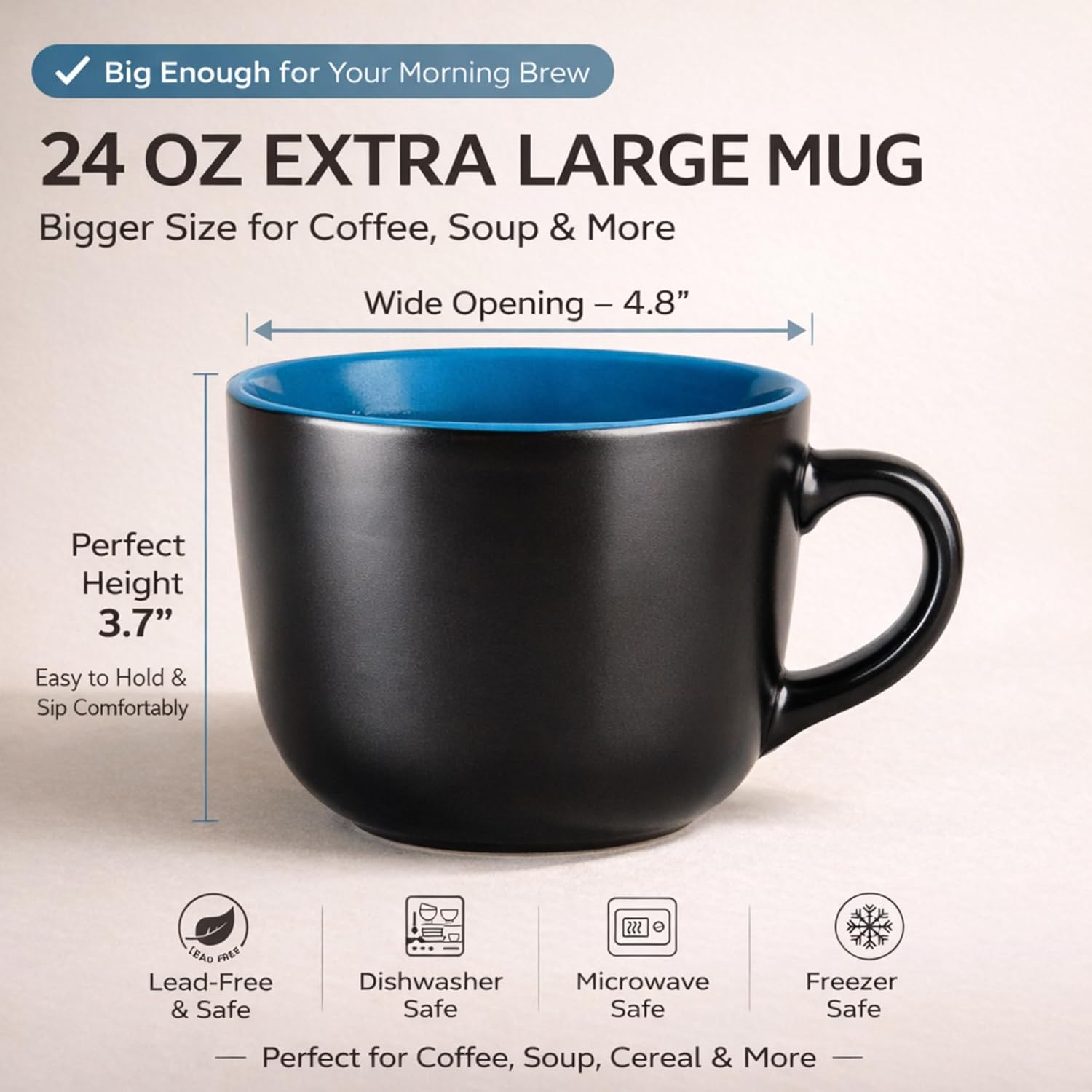AmorArc 24 oz Soup Mugs with Handles, Jumbo Ceramic Bowls Mugs Set with handles for Coffee Cereal Cappuccino Snacks, Microwave&Dishwasher safe Soup Cups for Meal-Multicolor