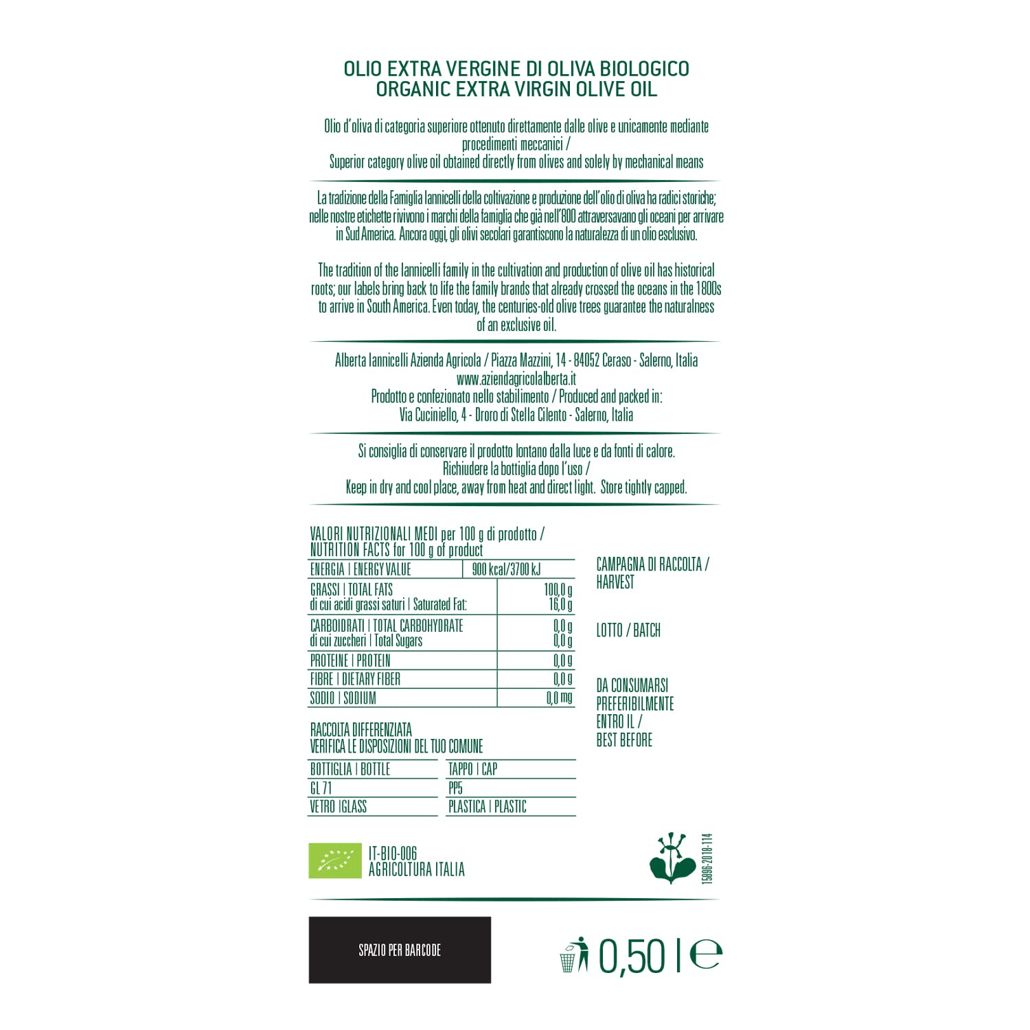 Alberta Iannicelli Olio Extra Vergine di Oliva Biologico Italiano – Estratto a Freddo Filtrato Fruttato Intenso - Sensazione di Piccante – Senza Pesticidi - 100% Made in Italy di Ceraso (500 ml)
