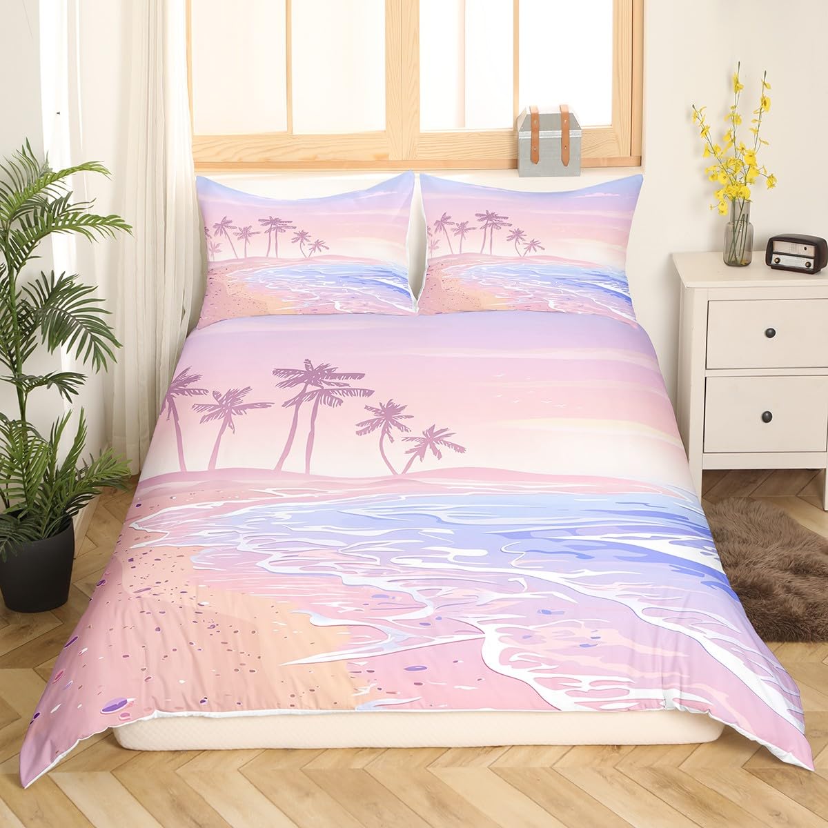 Homewish Pink Beach Duvet Cover Set Twin Size,Kids Girls Romantic Hawaii Ocean Style Bedding Set Teens Lover Room Decor,Palm Tree Comforter Cover Girly Summer Quilt Cover,1 Pillowcase,(No Comforter)