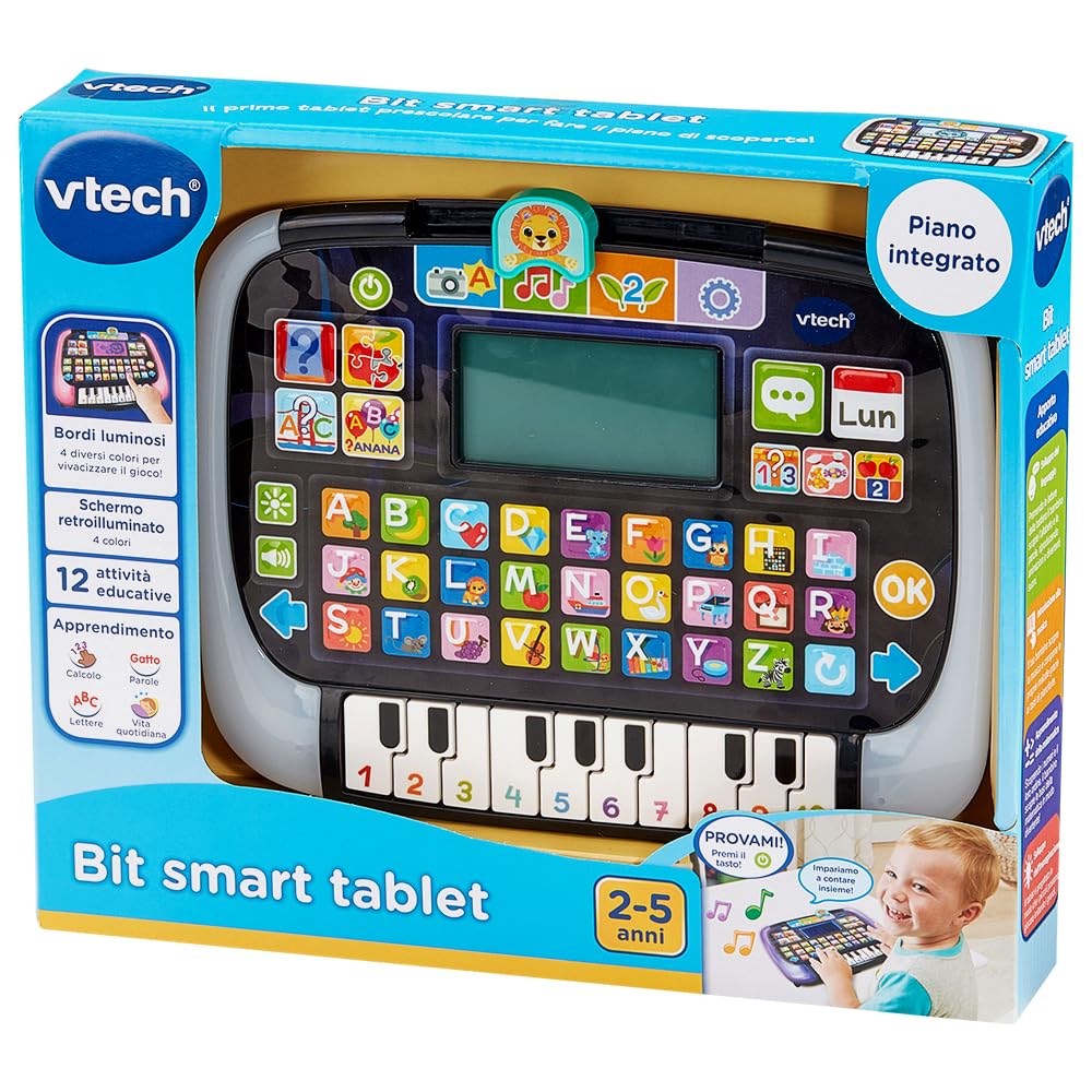 VTech bit Smart Tablet, Tableta Infantil educativa con Pantalla retroiluminada, Teclado ABC y 10 Teclas Piano, 8 Actividades y 4 Modos de Juego, Idioma Italiano, Pilas Incluidas, 2-5 años | Pantalla retroiluminada, teclado ABC, 10 teclas piano, 8 activida
