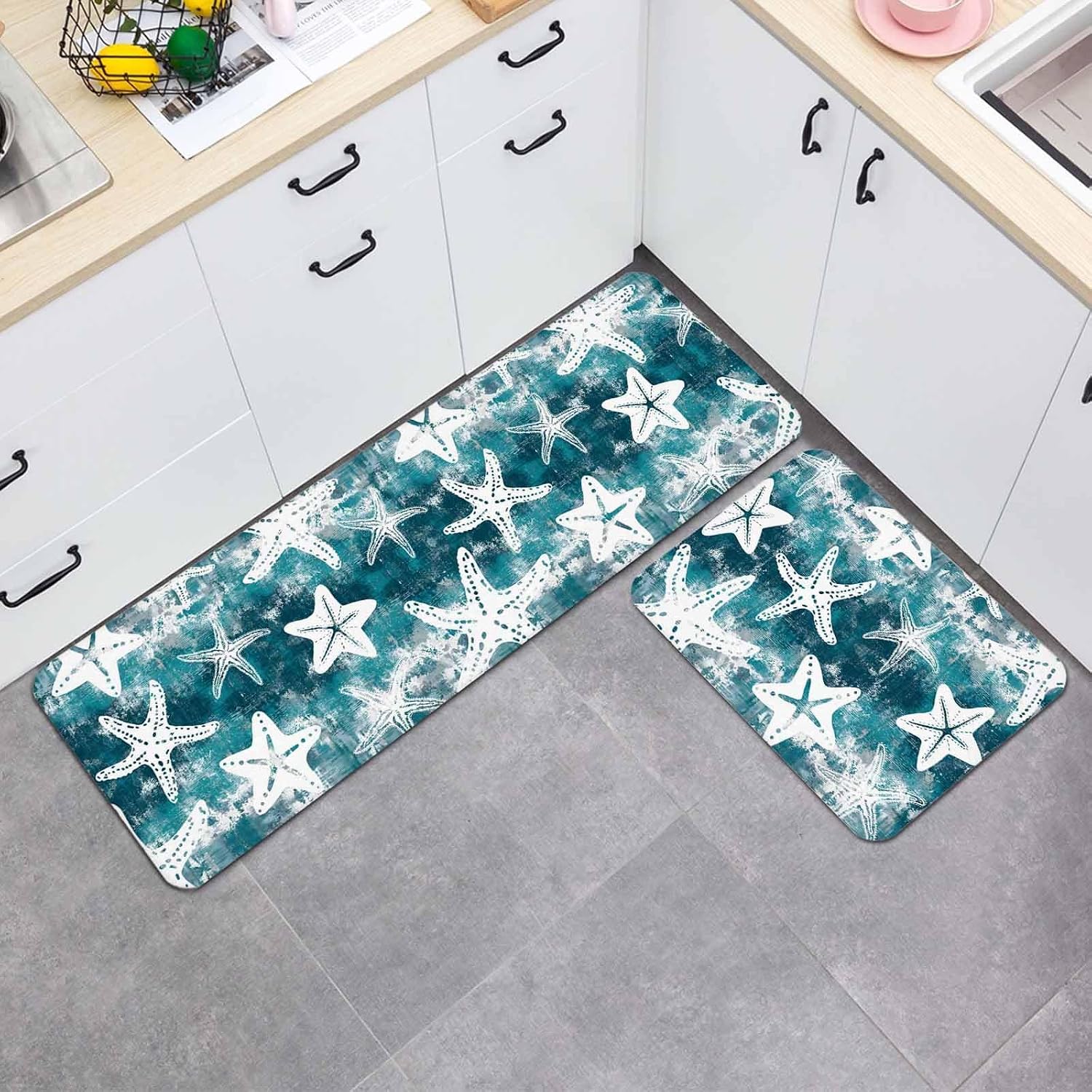 Vintage Teal Ocean Starfish Kitchen Mat Set 2 Pieces Country Nautical Coastal Sea Marine Life Non Slip Kitchen Rugs Washable Runner Rug Mats for Sink Laundry (23.6" x 35.4"+23.6" x 70.9")