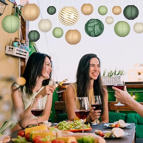 Miniatura 4 de Faroles redondos de papel chinos, decorativos, 16 unidades, color verde salvia, marrón, para graduación, cumpleaños, boda, temática de selva, baby