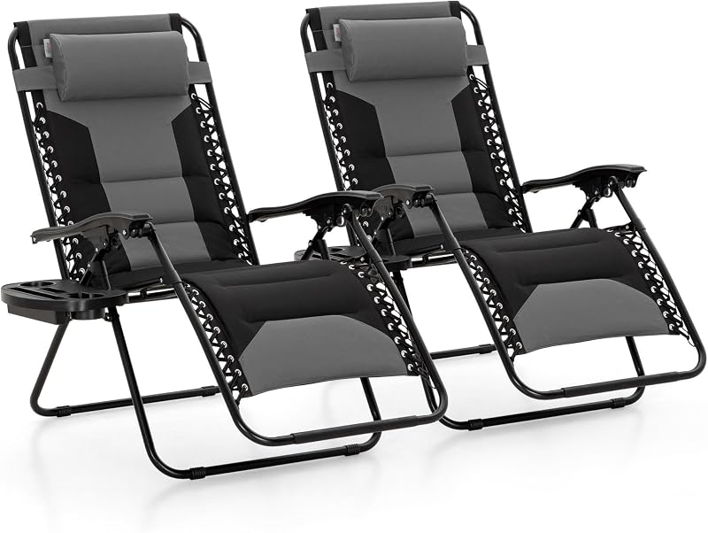 MAISON ARTS Foldable Zero Gravity Chair Set of 2, Cup Holder, 28" Seat Grey