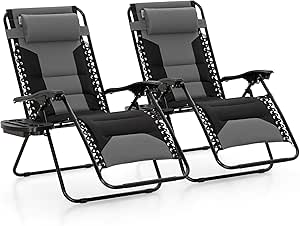 MAISON ARTS Oversized Zero Gravity Chairs Set of 2, Folding Padded Recliner with Cup Holder, Supports 400lbs, Grey & Black