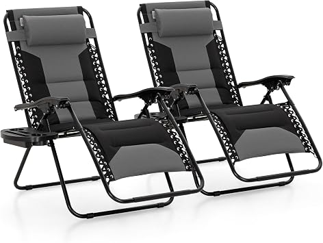 MAISON ARTS Oversized Zero Gravity Chairs Set of 2, Folding Padded Recliner Anti Gravity Lounge Chair with 28 Wide Seat and Cup Holder, Support 400lbs, Grey & Black