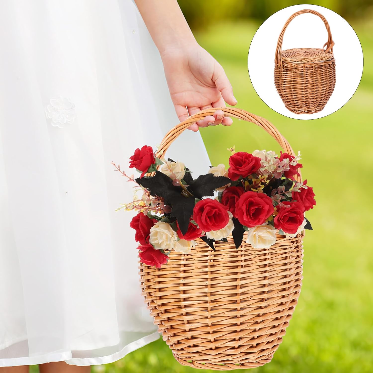 Luxshiny Wicker Picnic Basket with Liner, Round Woven Basket with Lid Handle Small Pocket Country Vintage Wedding Girl Basket Willow Handbag Outdoor Picnic Hamper A