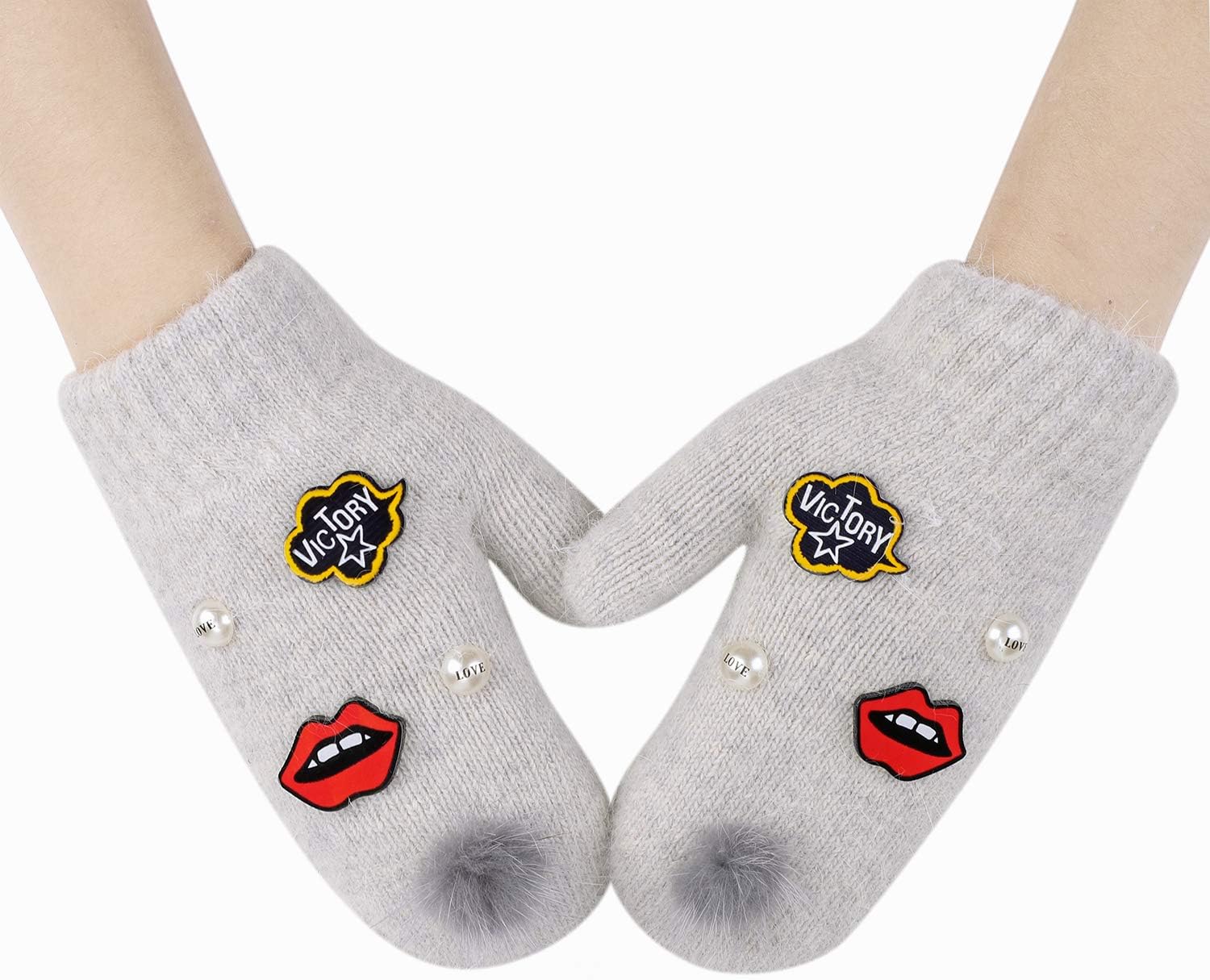 Ibluelover Moufles Enfant Gants Filles Garcons Moufles Bebe Gants Tricote De Laine Decoratif Perle Et Levres Gants Hiver Chaud Mitaines Epaisses Cartoon Mignon Gloves Doux Pour Ski Cadeaux Noel Vetements Gants Et