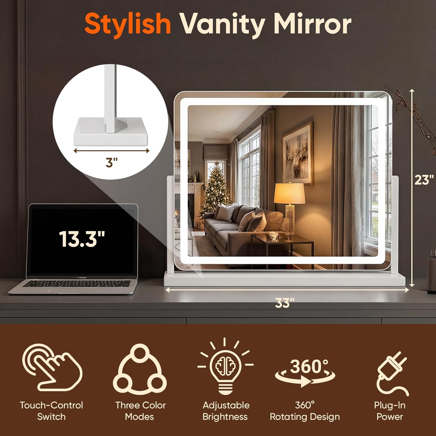 Antok Vanity Mirror with Lights, 33"X23" Lighted Makeup Mirror, Smart Touch, 3 Color Modes and Brightness Adjustable, LED Vanity Mirror with Detachable 10X Magnification, 360° Rotation for Makeup Desk