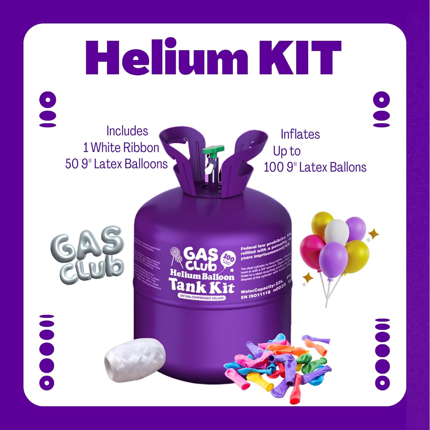 GASCLUB Helium Tank for Balloons At Home, 22L Balloon Kit Up To 100 Latex Balloons, Balloon Pump Kit Includes Latex Balloons and Ribbon, Perfect for Parties and Events