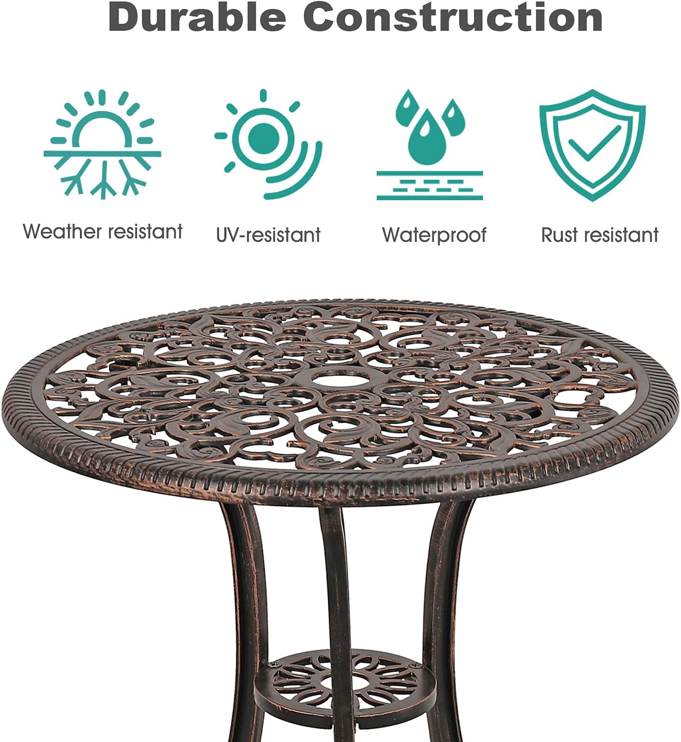 COBANA 3 Piece Outdoor Bistro Set, All Weather Cast Aluminum Patio Dining Retro Table and Chairs with 2’’ Umbrella Hole, Bronze