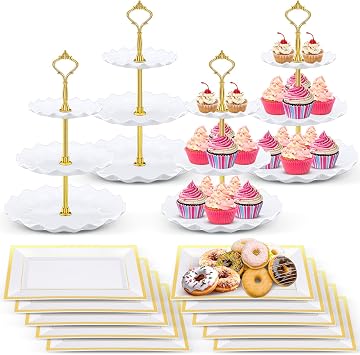Willinglong 14 Pcs Dessert Table Stands Set 3 Tier Plastic Cupcake Stands Cookie Display Tower Gold Rim Dessert Serving Tray for Party Wedding Birthday Bridal Baby Shower White and Gold