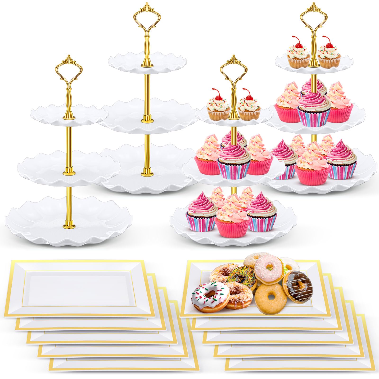 Photo 1 of Willinglong 14 Pcs Dessert Table Stands Set 3 Tier Plastic Cupcake Stands Cookie Display Tower Gold Rim Dessert Serving Tray for Party Wedding Birthday Bridal Baby Shower (White and Gold)