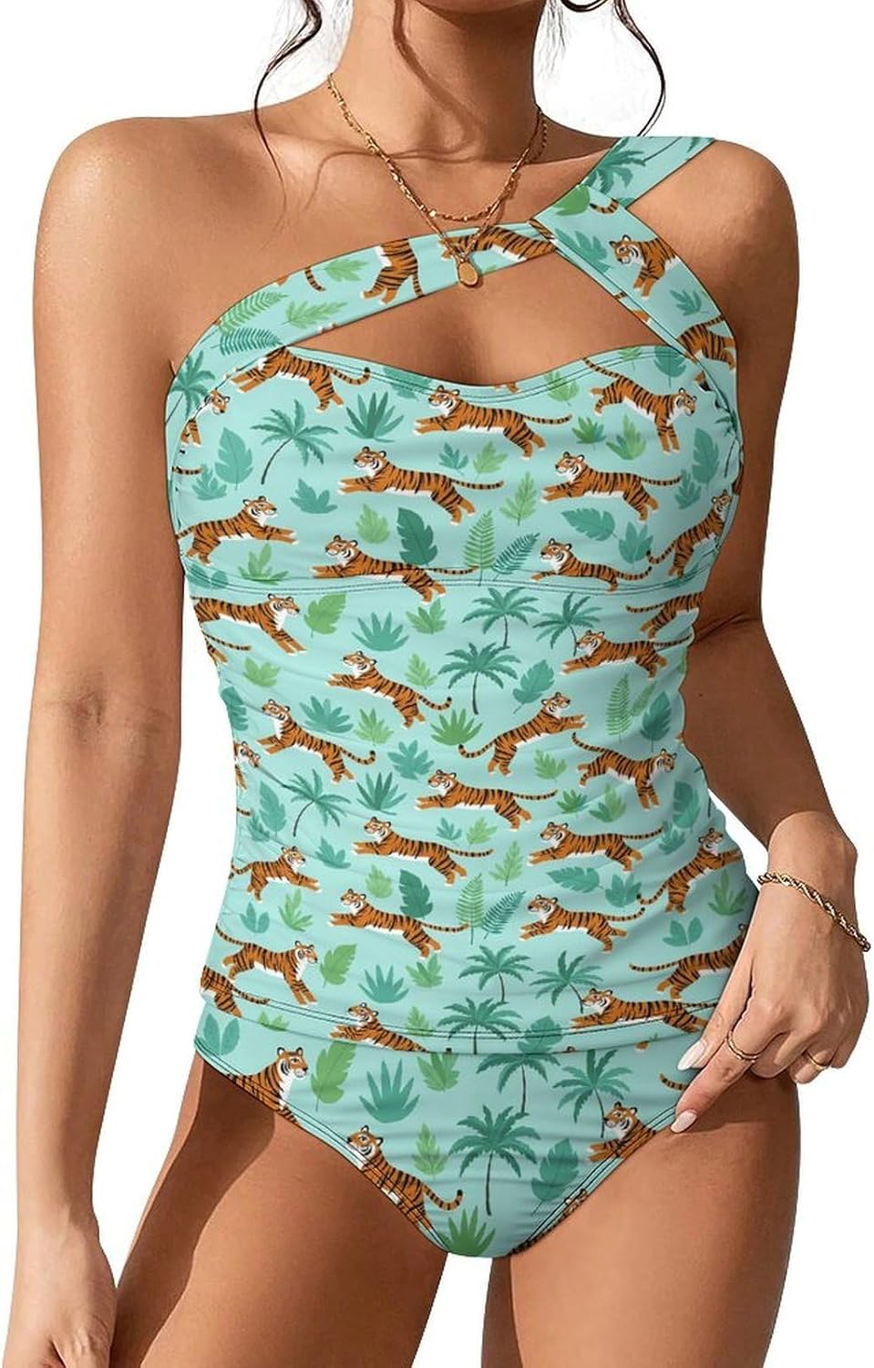 Women's Two Piece Dolphin Tankini Swimsuits One Shoulder Tummy Control Bathing Suits Swim Tops with Bottom Swimwear XXL