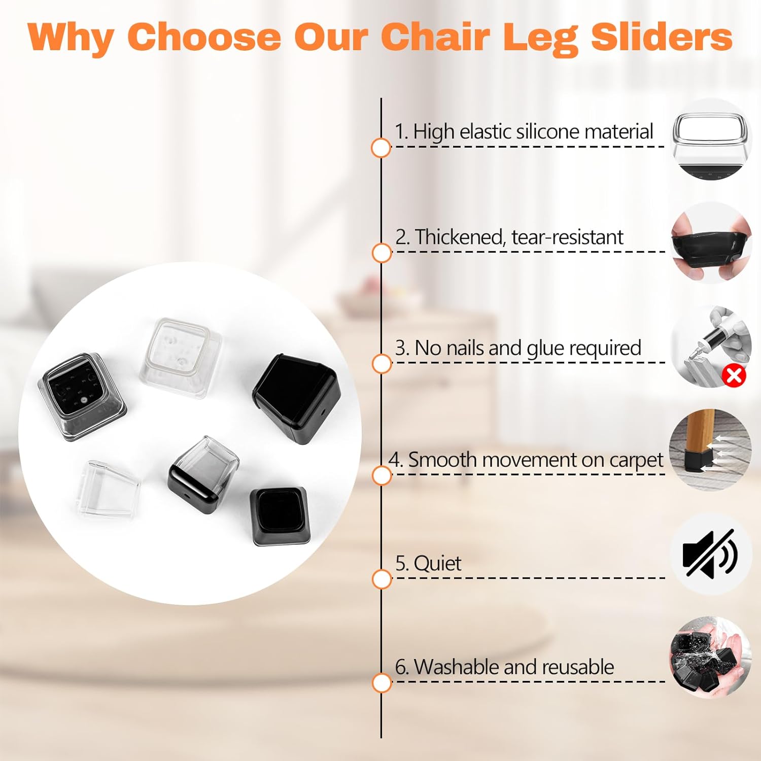 28 Pcs Chair Leg Sliders for Carpet Rug, Square Chair Leg Floor Protectors Glides, Dining Room Furniture Foot Caps, Silicone Covers with Plastic Pads, No Scratches (Fit:1-1/8"~1-7/16", Clear)