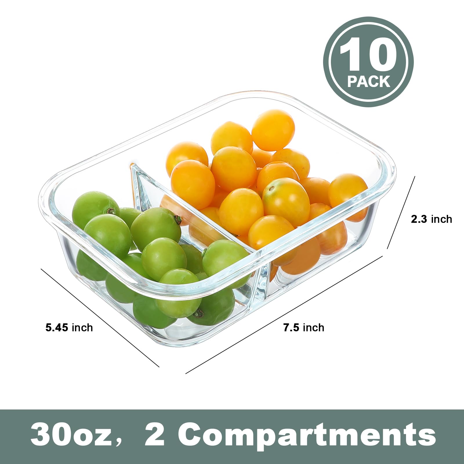BAYZZ Paquete de 10 recipientes de vidrio de 880 ml para preparación de comidas, 2 compartimentos, recipientes de vidrio para almacenamiento de alimentos con tapas, caja bento hermética de vidrio,