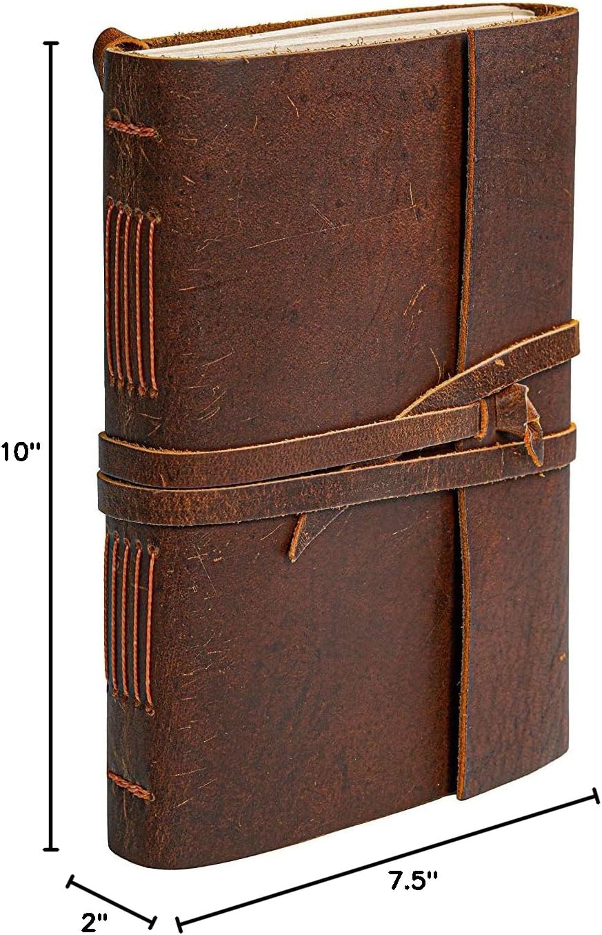 HLC Leather Journal Notebook - Rustic Handmade Vintage Leather Bound Journals for Men and Women - Antique Craft Unlined Paper 300 Pages, Leather Book Diary Pocket book To Write In (7.5" x 10" Inch)