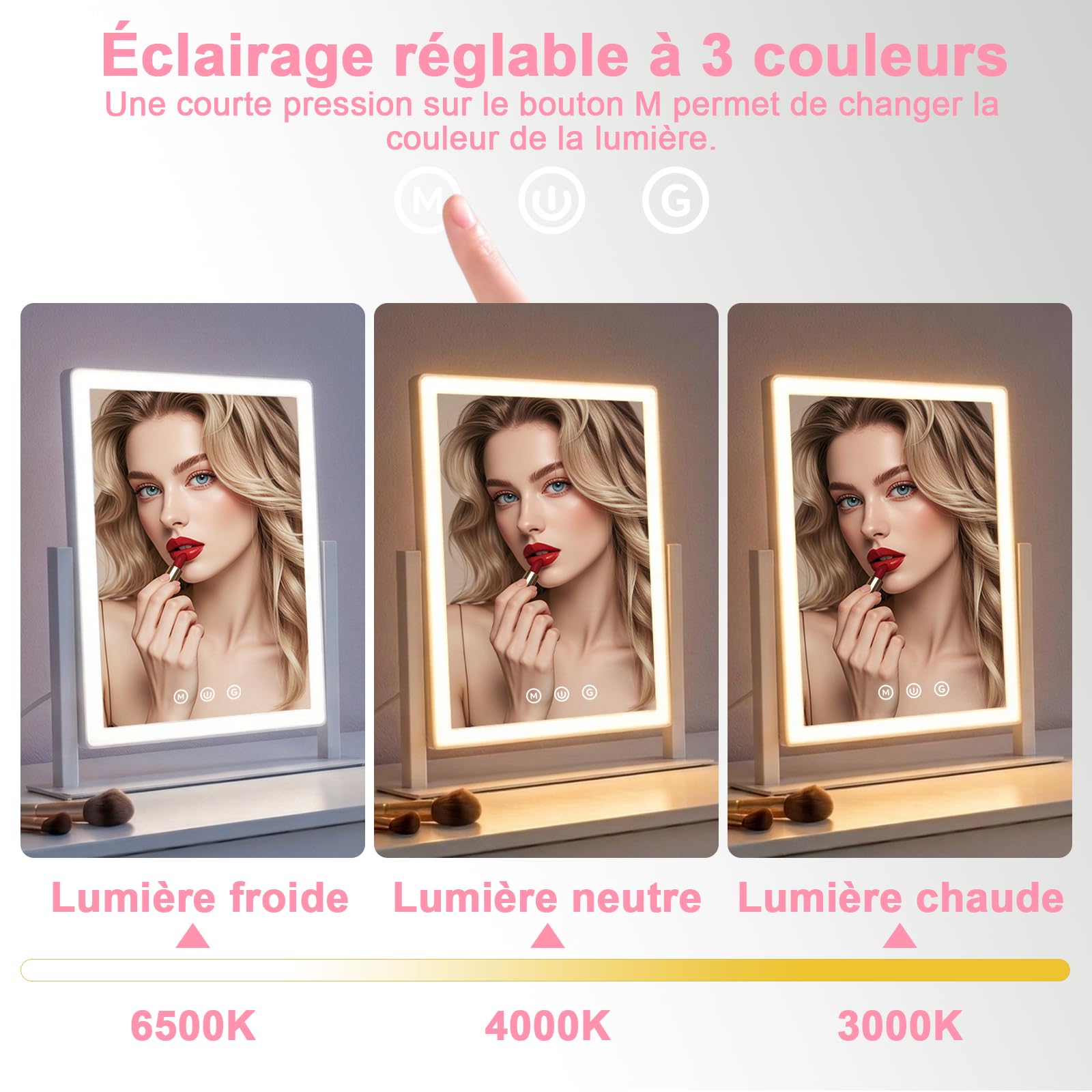 AIMAX Miroir Coiffeuse de Maquillage Lumineux, 27,5 x 37,5 cm, Rotation à 360°, Miroir cosmétique avec LED, 3 Modes d'éclairage et intensité Variable, contrôle Tactile, Miroir de Table pour Coiffeuse