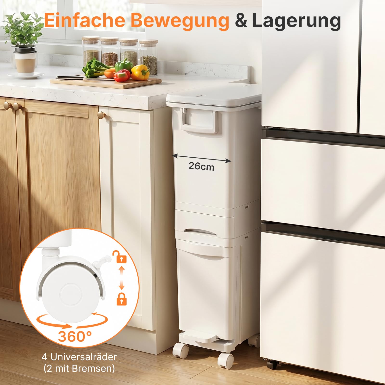 32 L Mülleimer Küche 3 Fächer, Abfalleimer mit Deckel & Pedal, Mülleimer auf Rädern, Mülltrennsystem mit Kippbehälter, Deckel, Schublade, Küchenabfalleimer für Küche & Wohnzimmer, Weiß