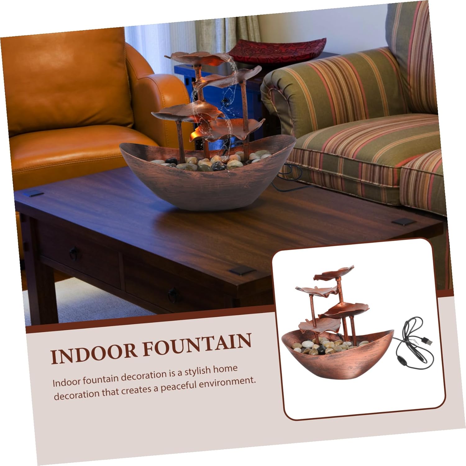 Creative Desktop Water Fountain Ornament with Lotus Leaf and Ingot Design Indoor Tabletop Fountain Decor with LED Night Light Peaceful Zen Atmosphere for Living and Bedroom