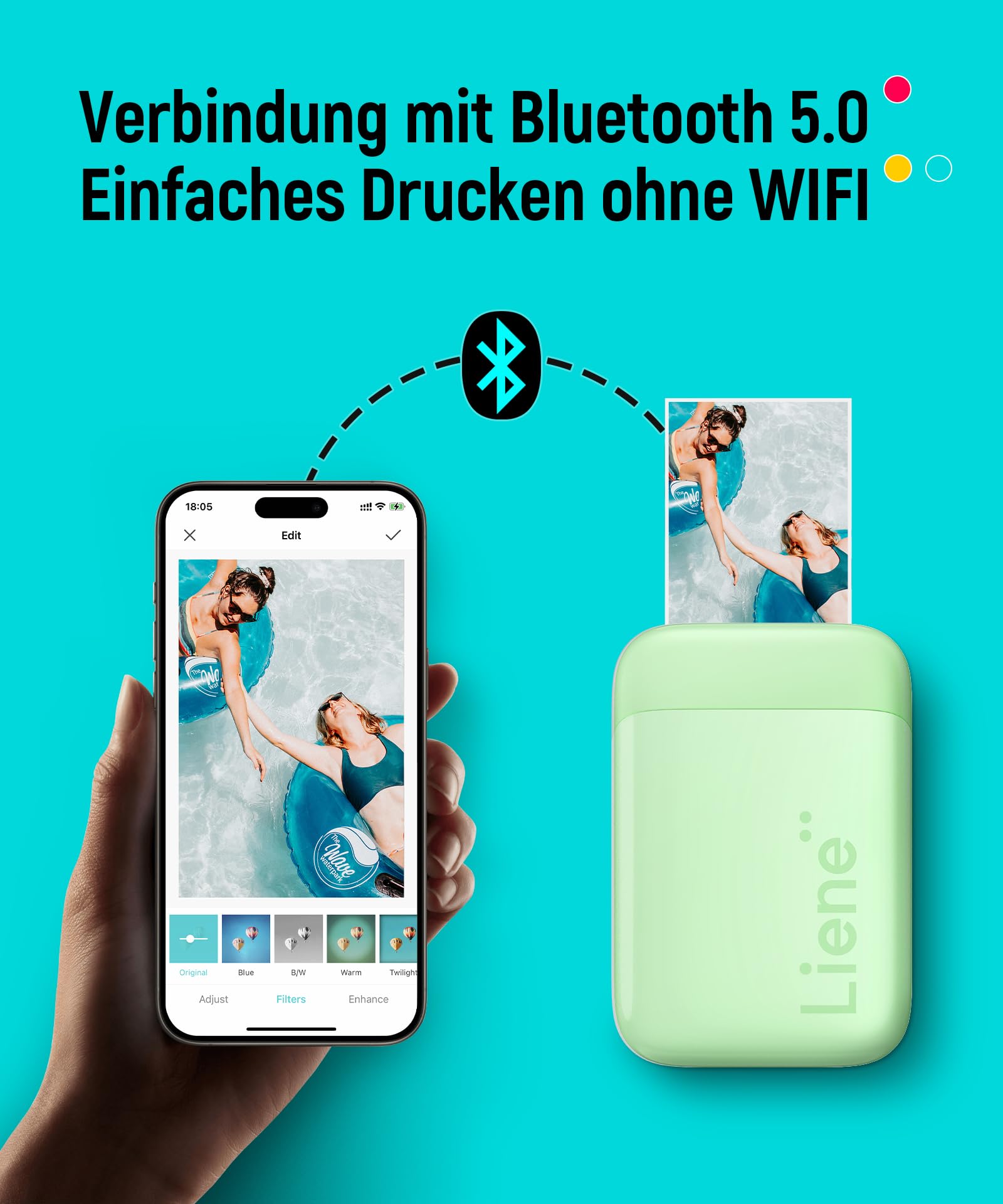 Liene Pearl K100 Fotodrucker-Set Grün Mini Drucker für Smartphone 5x7,6cm 100 Blatt Zink-Fotopapier 300 DPI Bluetooth