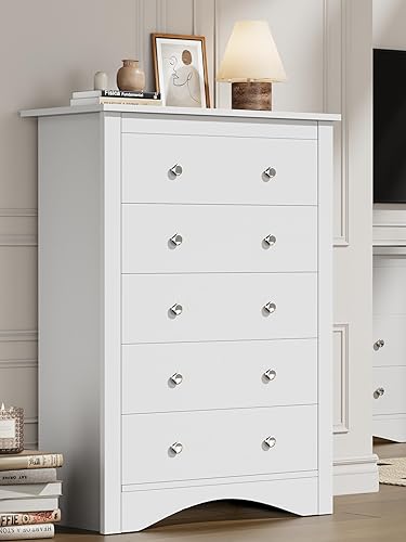 Miniatura 10 de Flamaker Cómoda alta para dormitorio, cómoda de 5 cajones, cómoda de madera, cómoda ancha, cajones de almacenamiento, organizador de almacenamiento