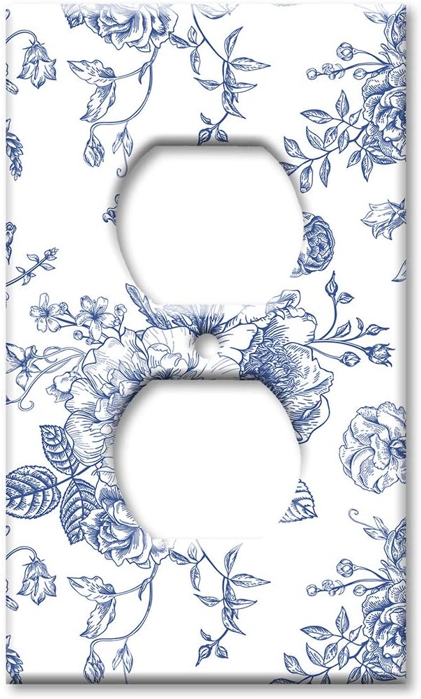 Art Plates - Decorative One Gang Duplex Cover Plate - Wall Plate - 1 Gang Duplex Outlet Cover - Blue Flower Line Art - (Made in USA)