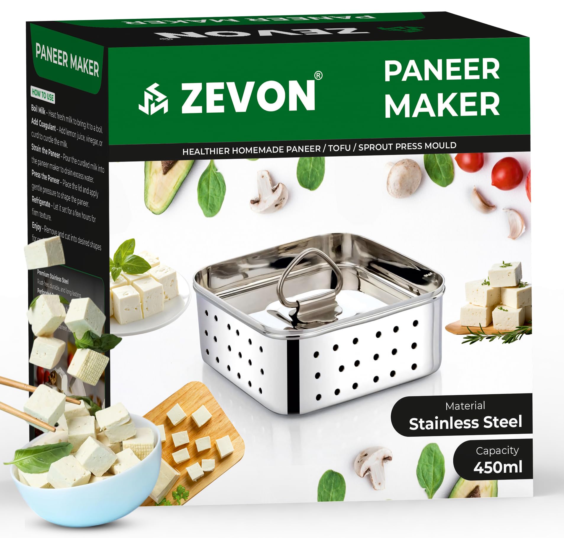 ZEVON® Paneer Maker Steel - Paneer Maker Mould Press with Square Strainer | Stainless Steel Paneer and Tofu Making Machine | Fresh Paneer/Tofu/Sprout Press Mould for Kitchen Use (Square, 450ml)