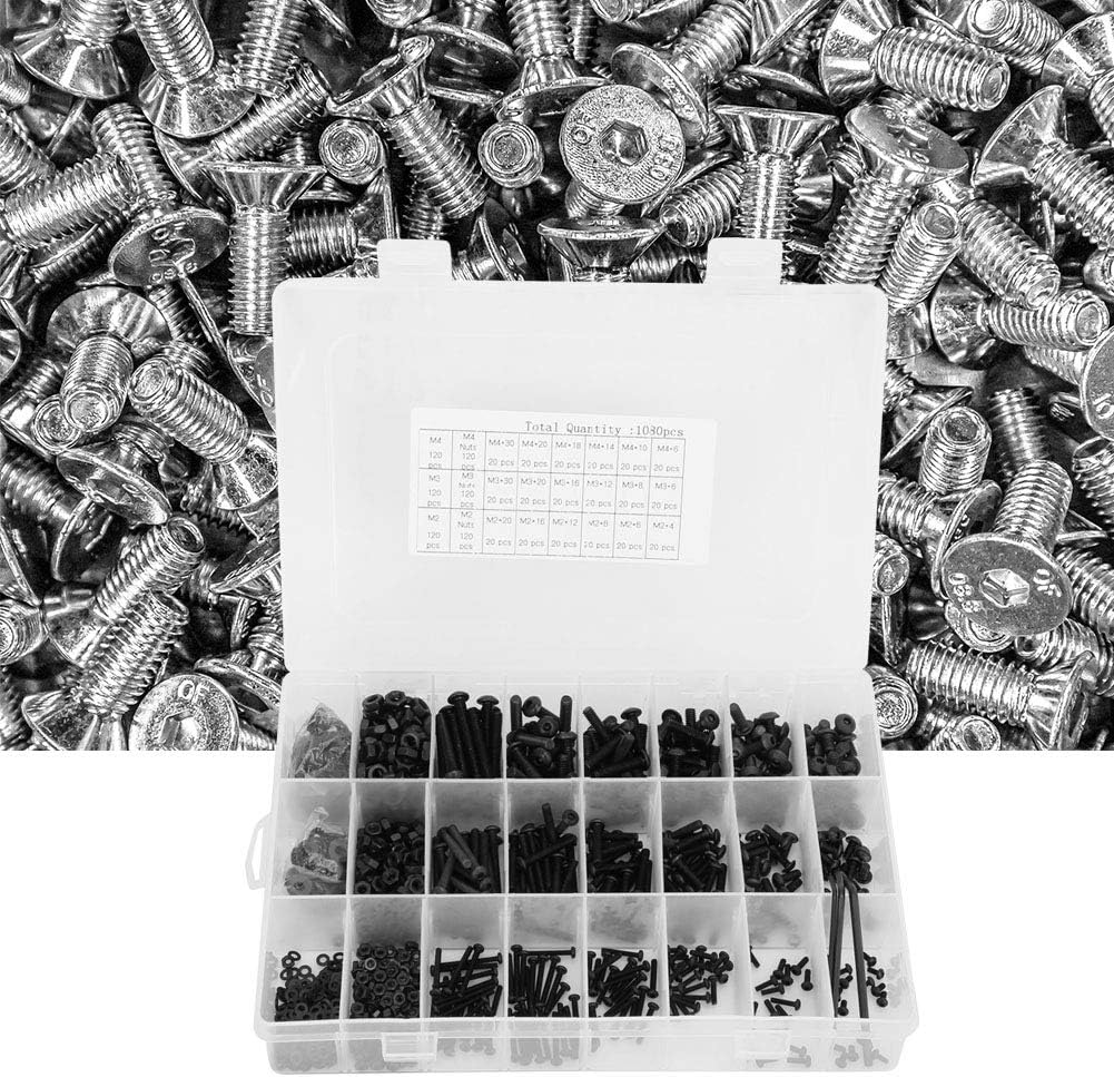 Hex Screw Nut Assortment Kit, 1080Pcs M2 M3 M4 Black Carbon Steel Semi Circular Head Hex Screw Nut Bolts Flat Washer Wrench Combination Set