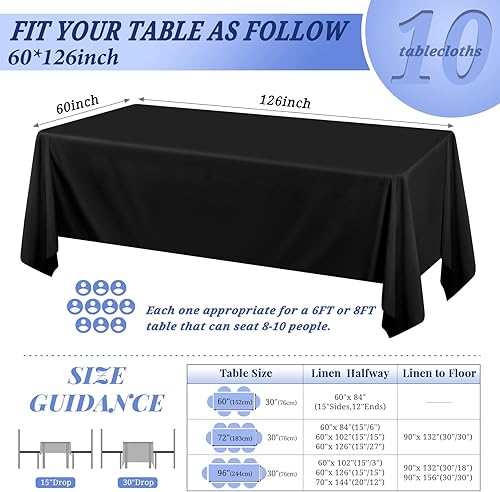 Miniatura 2 de Pesonlook Paquete de 10 manteles rectangulares de 60 x 126 pulgadas, manteles de poliéster negro para mesas rectangulares de 8 pies, manteles de