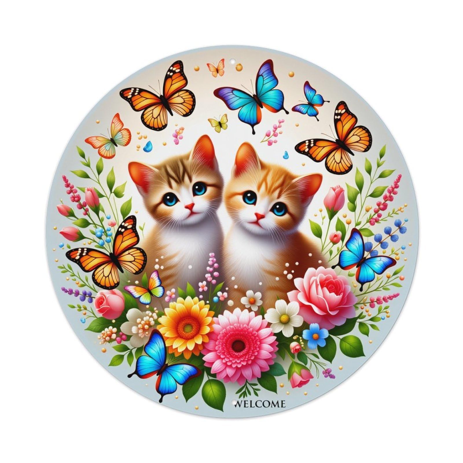 Cats Butterflies Flowers Welcome Art Round Tin Sign Vintage Style Metal Sign Home Bar Garden Wall Plaque Decor Metal Poster 8x8 Inch