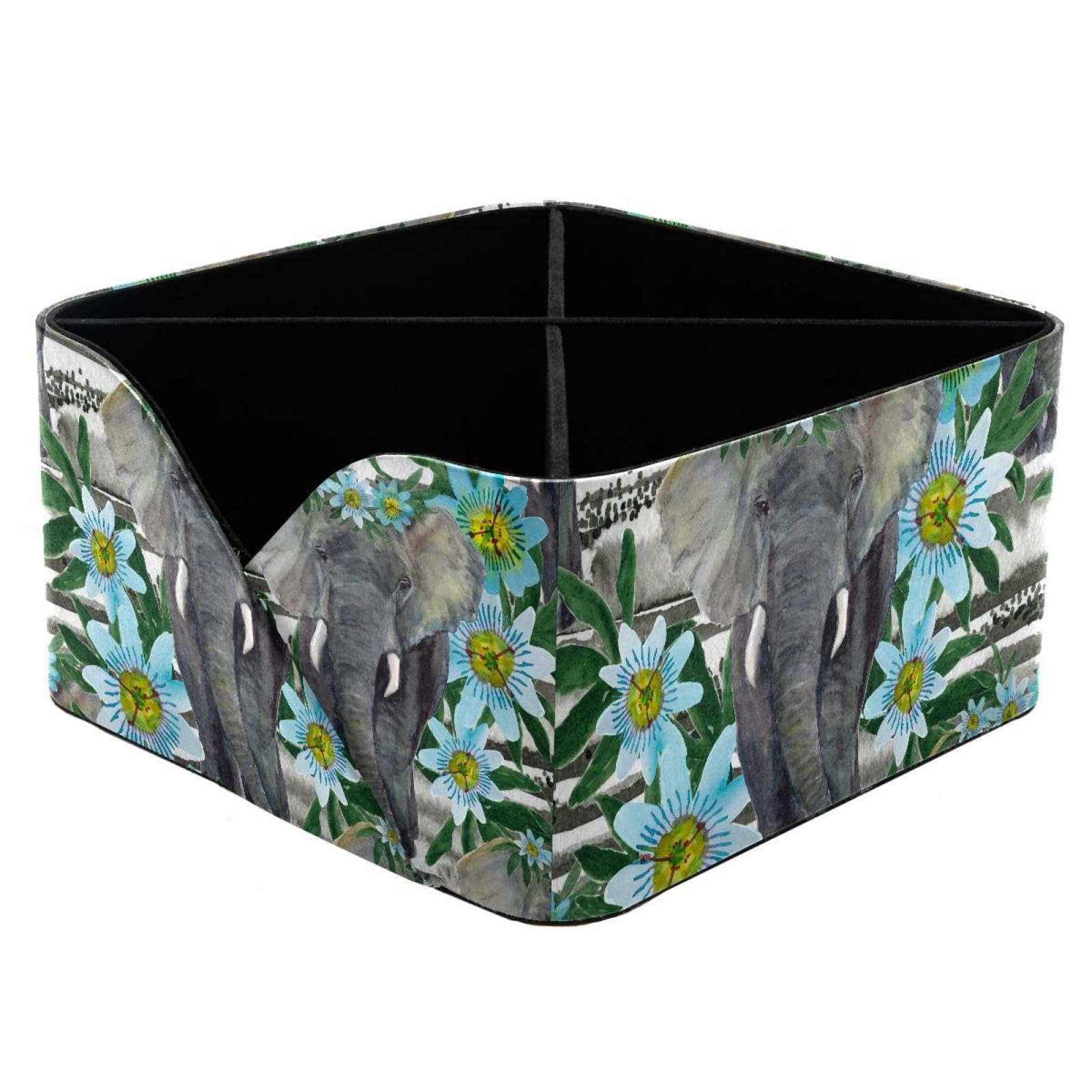 KengjuTesu Elephant Flowers Desktop Organizer Pen Holder, Rectangular Pencil Cup for Office, Study and Makeup Stations