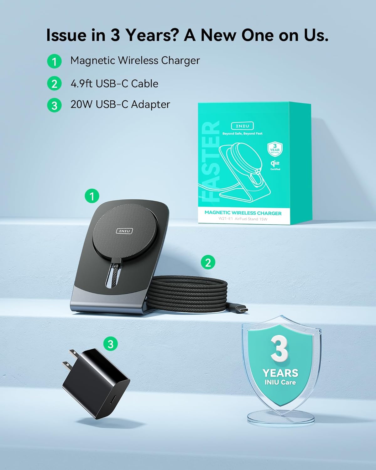 INIU Magnetic Wireless Charger Stand package contents including the stand, USB-C adapter, and user manual.