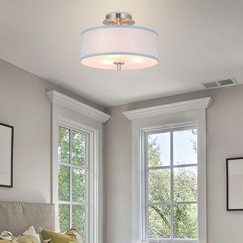 Miniatura 3 de XiNBEi Lighting Lámpara de techo semiempotrada, lámpara de tambor de 14 pulgadas con pantalla de tela gris, lámpara de techo de níquel cepillado de