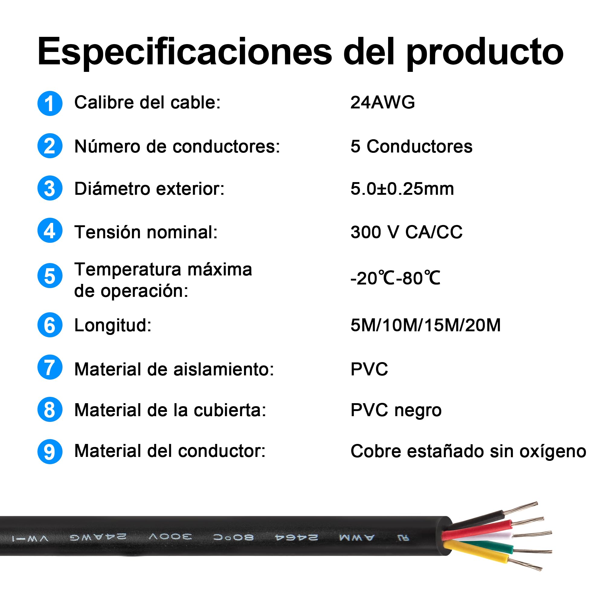 20 M Cable 5 Hilos 24AWG Cable Manguera 5 Hilos 5x0,2mm² UL2464 Verzinntes Kupferkabel Schwarz PVC ummantelt