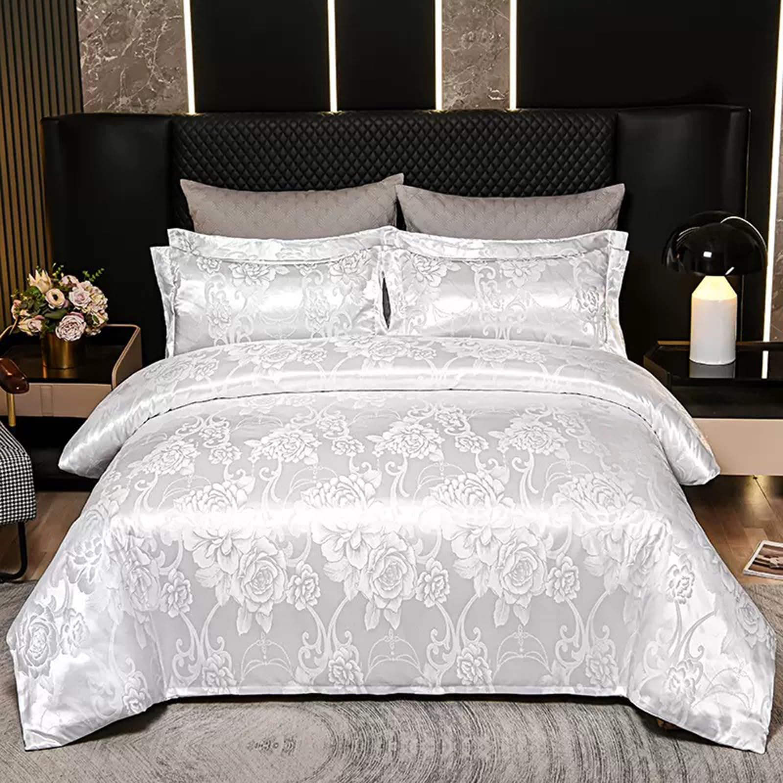 E-yimeng Bohemian Bedding Sets Single Duvet Cover Sets White Boho Silk Satin Bed Cover with 2 Pillowcases Zipper Luxury Bedding Collections Easy Care & Machine Washable 135x200 cm โ image 1